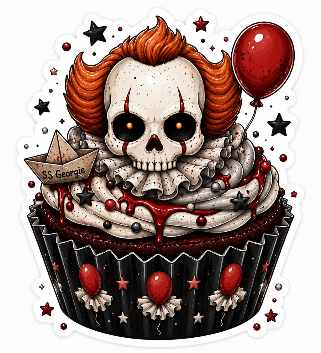 Pennywise IT clown inspired cupcake die-cut vinyl sticker with skull face, orange hair, red balloon, and SS Georgie paper boat