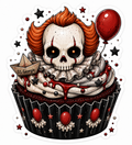 Pennywise IT clown inspired cupcake die-cut vinyl sticker with skull face, orange hair, red balloon, and SS Georgie paper boat