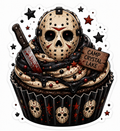 Jason Voorhees inspired Camp Crystal Lake cupcake die-cut vinyl sticker with hockey mask, bloody cleaver, and red stars