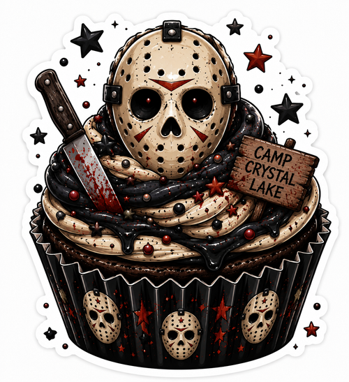 Jason Voorhees inspired Camp Crystal Lake cupcake die-cut vinyl sticker with hockey mask, bloody cleaver, and red stars
