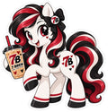 Red, black and white pony holding an iced 7 Brew coffee drink with matching 7 Brew bow and heart accents