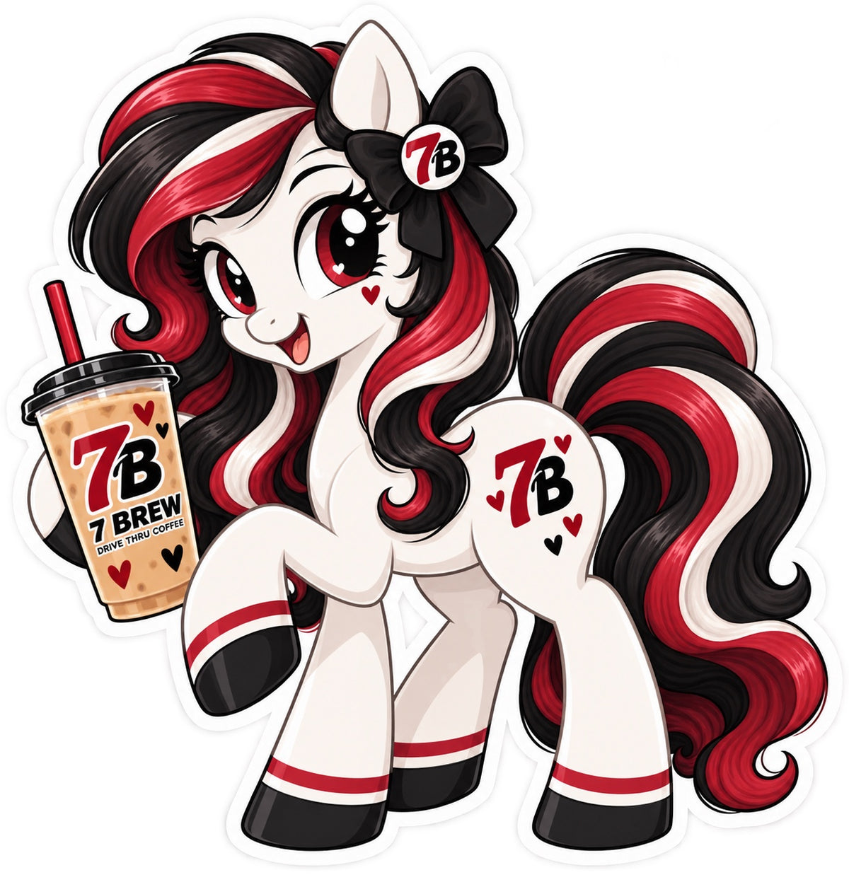 Red, black and white pony holding an iced 7 Brew coffee drink with matching 7 Brew bow and heart accents