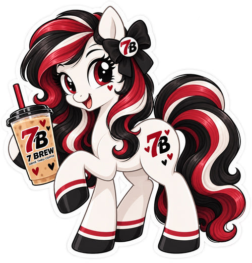 Red, black and white pony holding an iced 7 Brew coffee drink with matching 7 Brew bow and heart accents