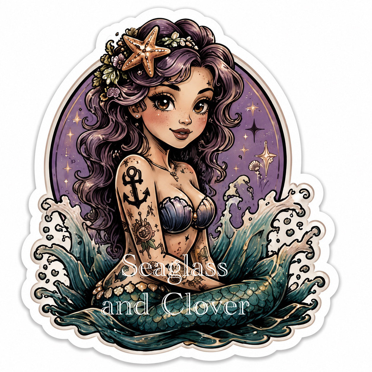 Whimsical Tattooed Mermaid Vinyl Sticker | Waterproof Die-Cut Sticker