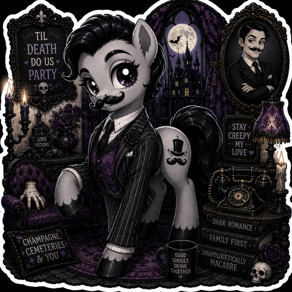 Champagne, Cemeteries & You | Gomez Addams Pony Vinyl Sticker