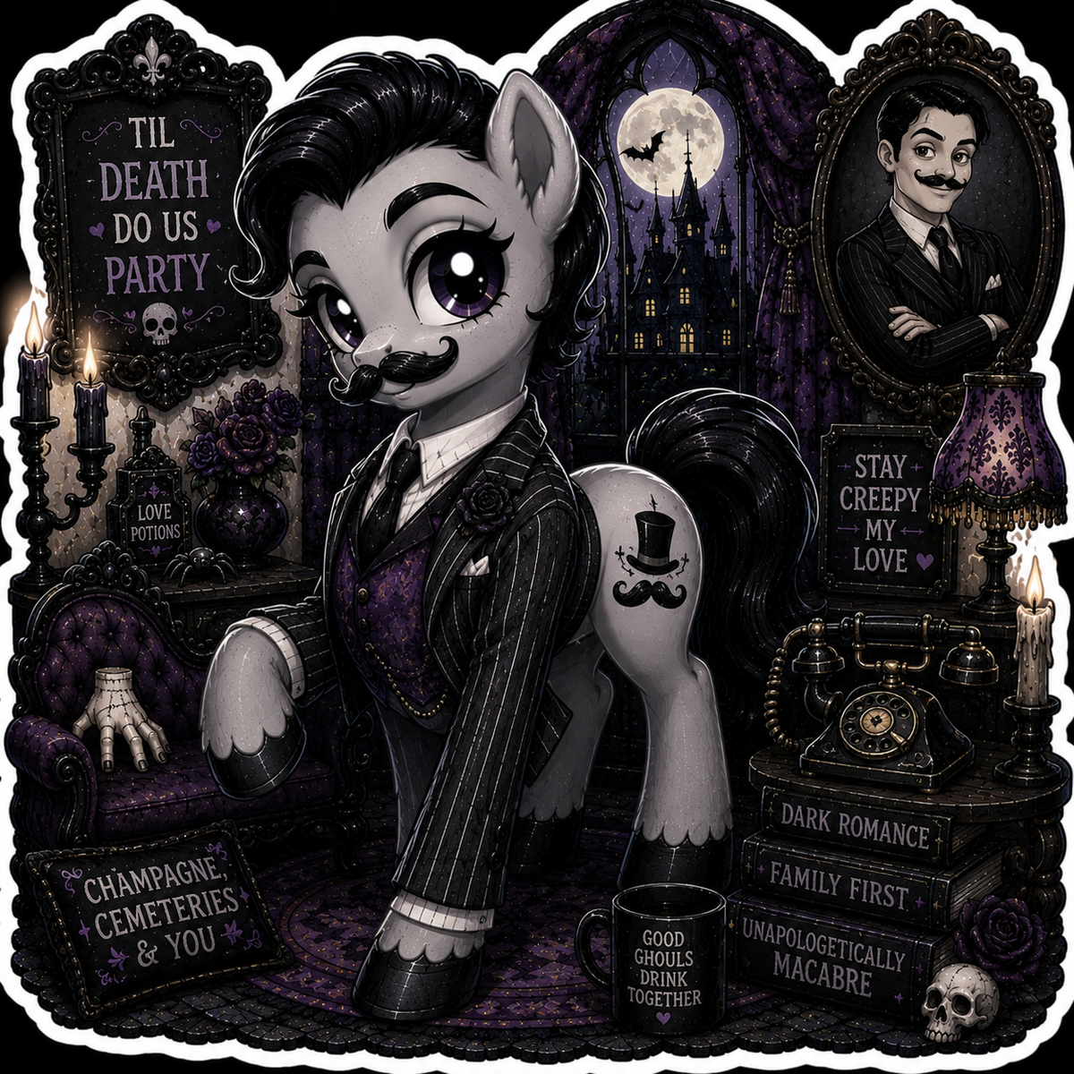 Champagne, Cemeteries & You | Gomez Addams Pony Vinyl Sticker