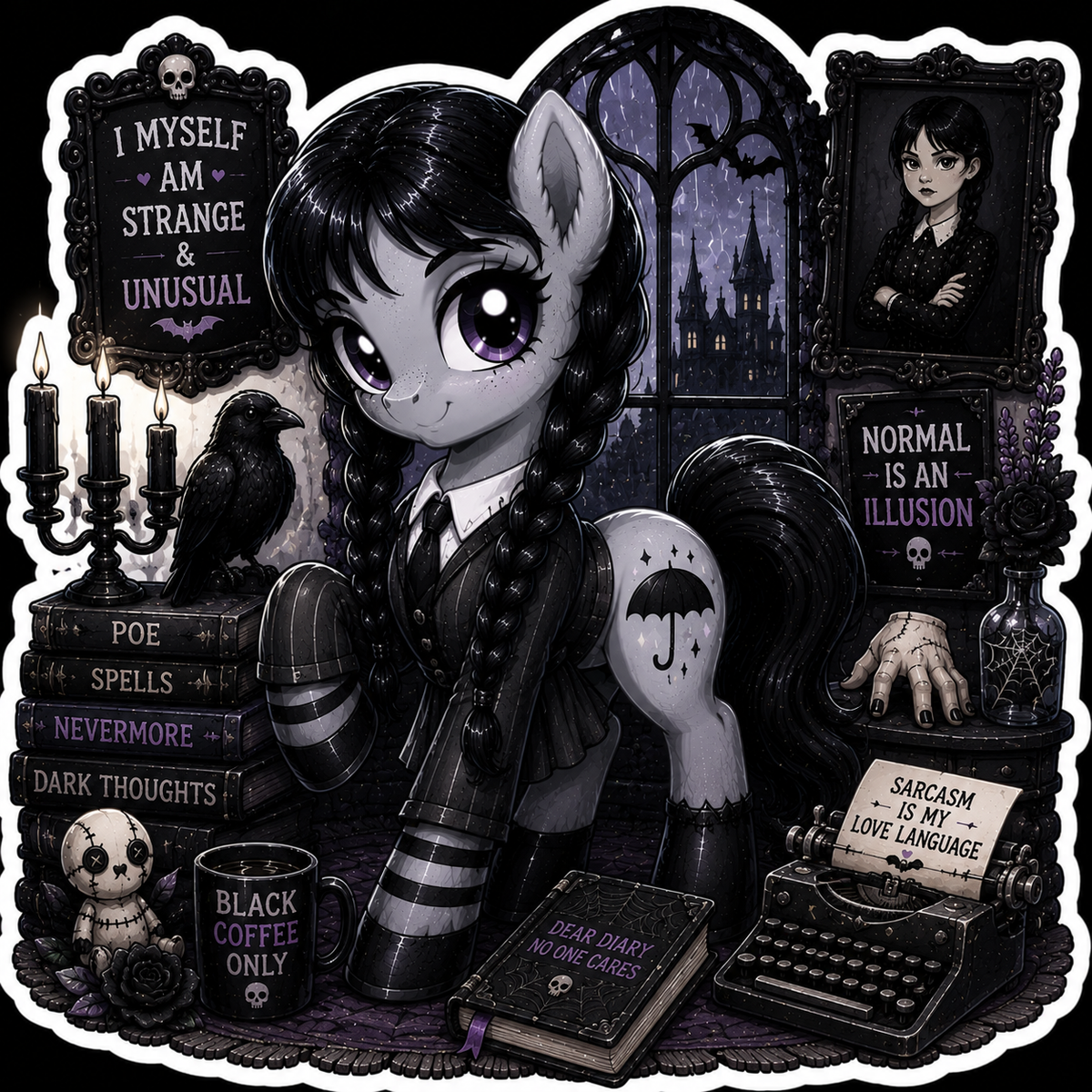I Myself Am Strange & Unusual | Wednesday Addams Pony Vinyl Sticker