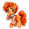 Anxiety inspired orange pony sticker with messy orange mane, striped sweater, worried expression and anxiety name badge