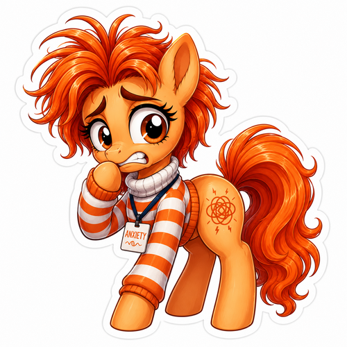 Anxiety inspired orange pony sticker with messy orange mane, striped sweater, worried expression and anxiety name badge
