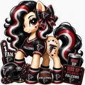Atlanta Falcons fan pony sticker in black, red and white with football helmet, bow and team fan gear