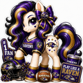 Baltimore Ravens fan pony sticker in purple, black, gold and white with football helmet and game-day accessories