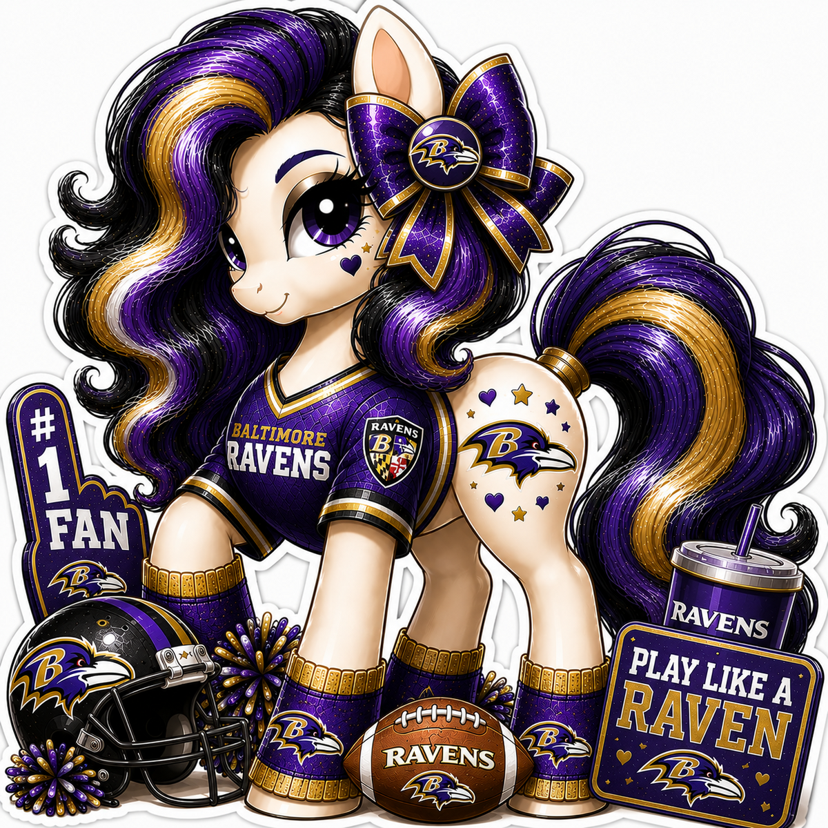 Baltimore Ravens fan pony sticker in purple, black, gold and white with football helmet and game-day accessories