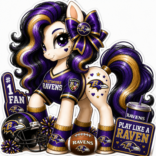 Baltimore Ravens fan pony sticker in purple, black, gold and white with football helmet and game-day accessories