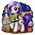 Buzz Lightyear inspired pony sticker in green and purple space ranger suit with rocket, stars and infinity and beyond scene