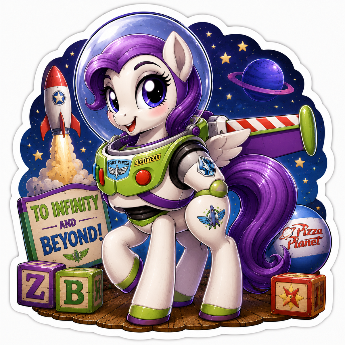 Buzz Lightyear inspired pony sticker in green and purple space ranger suit with rocket, stars and infinity and beyond scene