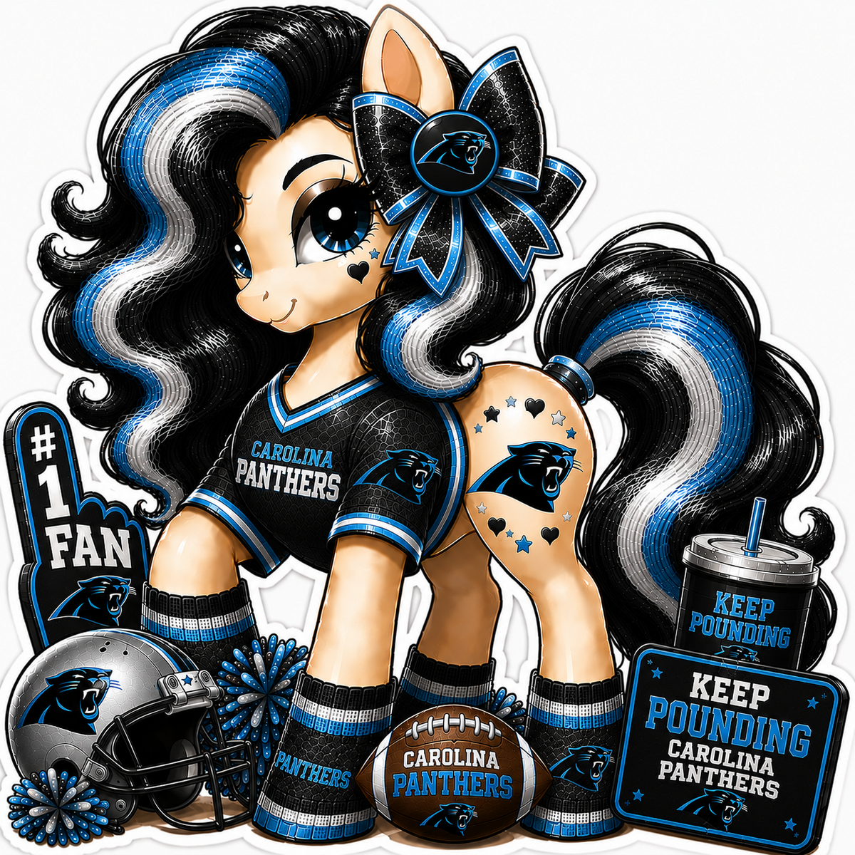Carolina Panthers fan pony sticker in black, blue, silver and white with football helmet and game-day accessories
