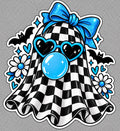 Checkerboard ghost sticker with bright blue bow, blue heart sunglasses, bubble gum, bats, hearts and daisies
