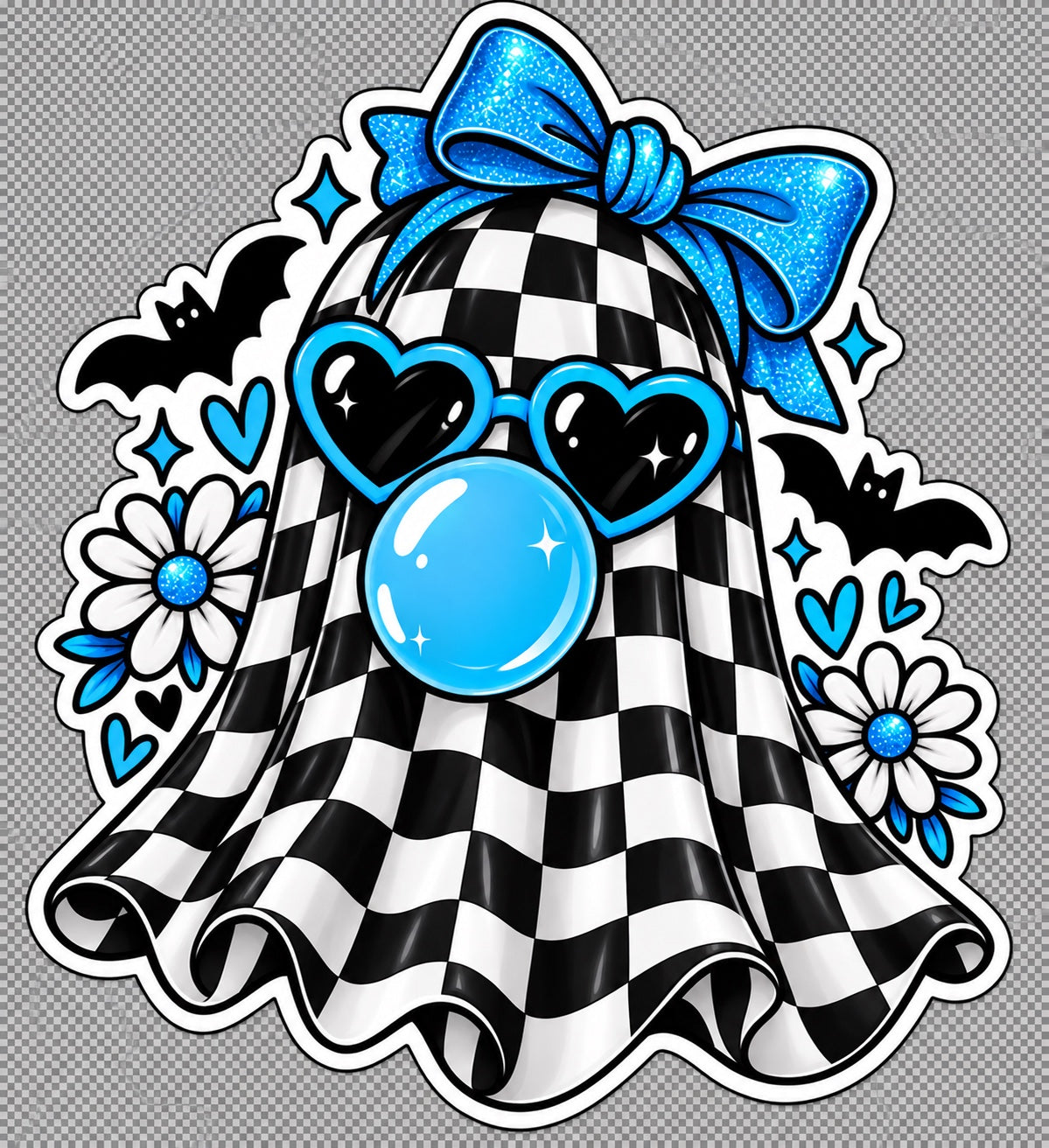 Checkerboard ghost sticker with bright blue bow, blue heart sunglasses, bubble gum, bats, hearts and daisies