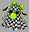 Checkerboard ghost sticker with neon green bow, green heart sunglasses, bubble gum, bats, hearts and daisies