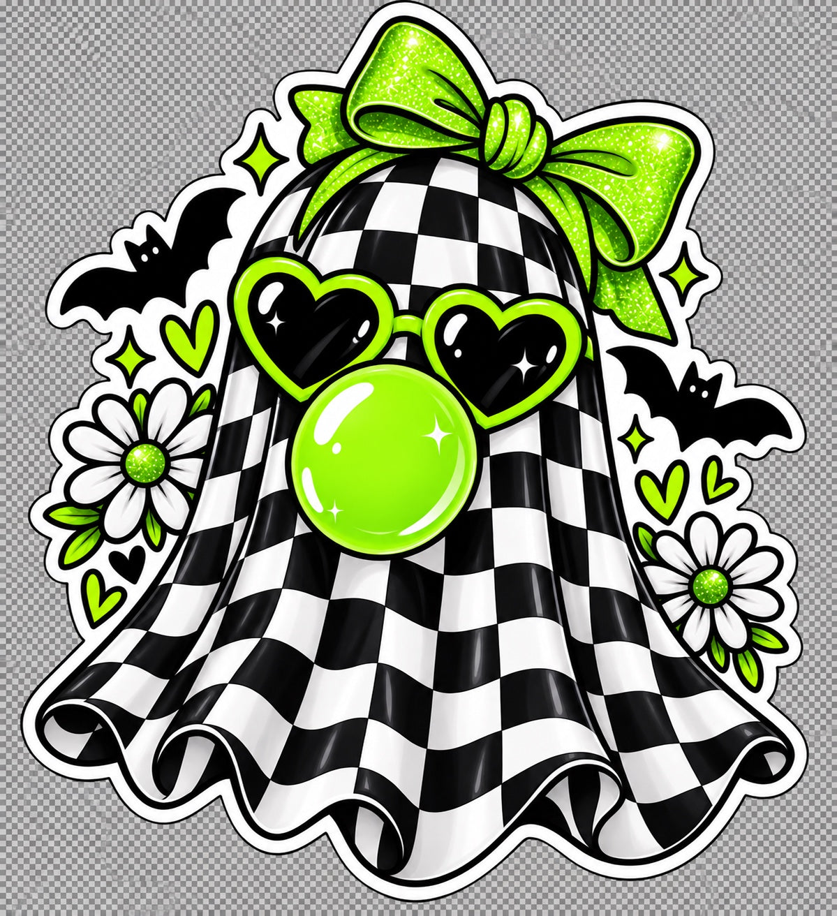 Checkerboard ghost sticker with neon green bow, green heart sunglasses, bubble gum, bats, hearts and daisies