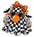 Checkerboard ghost sticker with glittery orange bow, orange heart sunglasses, bubble gum, bats, hearts and daisies