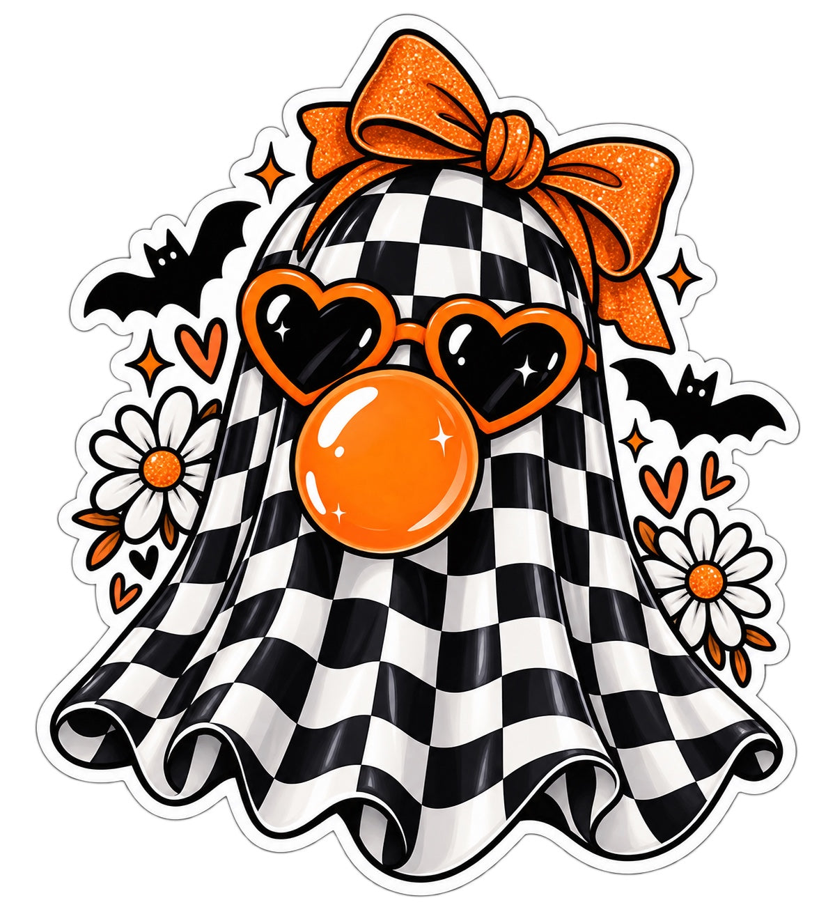 Checkerboard ghost sticker with glittery orange bow, orange heart sunglasses, bubble gum, bats, hearts and daisies