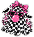 Checkerboard ghost sticker with glittery pink bow, pink heart sunglasses, bubble gum, bats, hearts and daisies