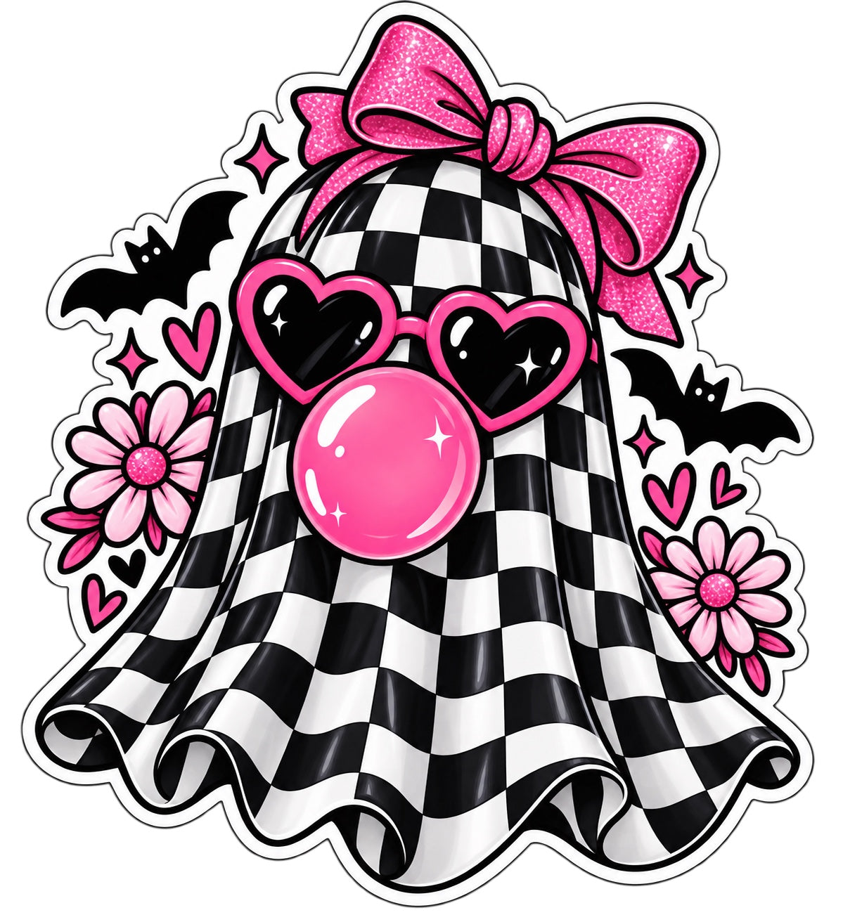 Checkerboard ghost sticker with glittery pink bow, pink heart sunglasses, bubble gum, bats, hearts and daisies