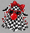 Checkerboard ghost sticker with glittery red bow, red heart sunglasses, bubble gum, bats, hearts and daisies