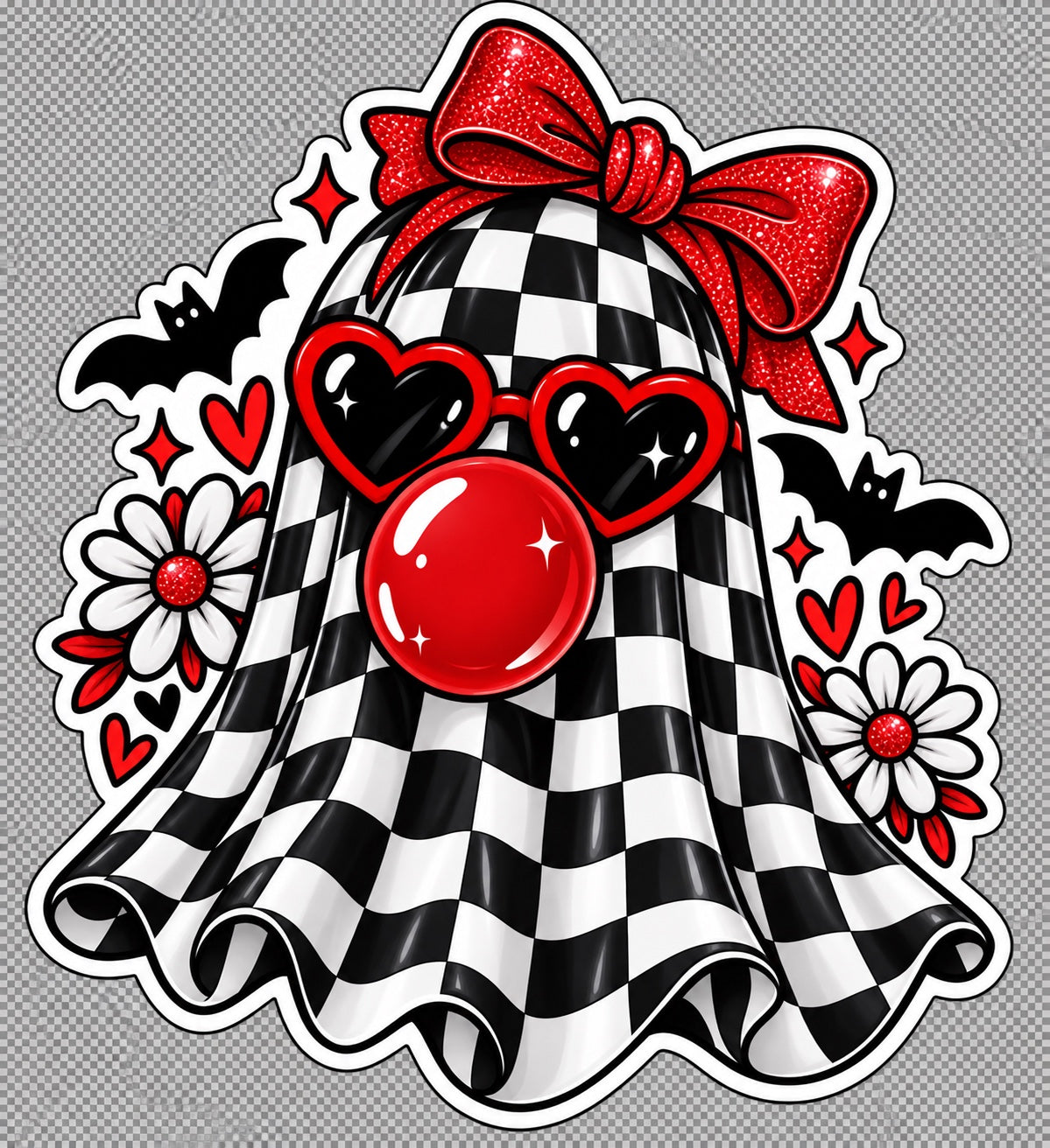 Checkerboard ghost sticker with glittery red bow, red heart sunglasses, bubble gum, bats, hearts and daisies