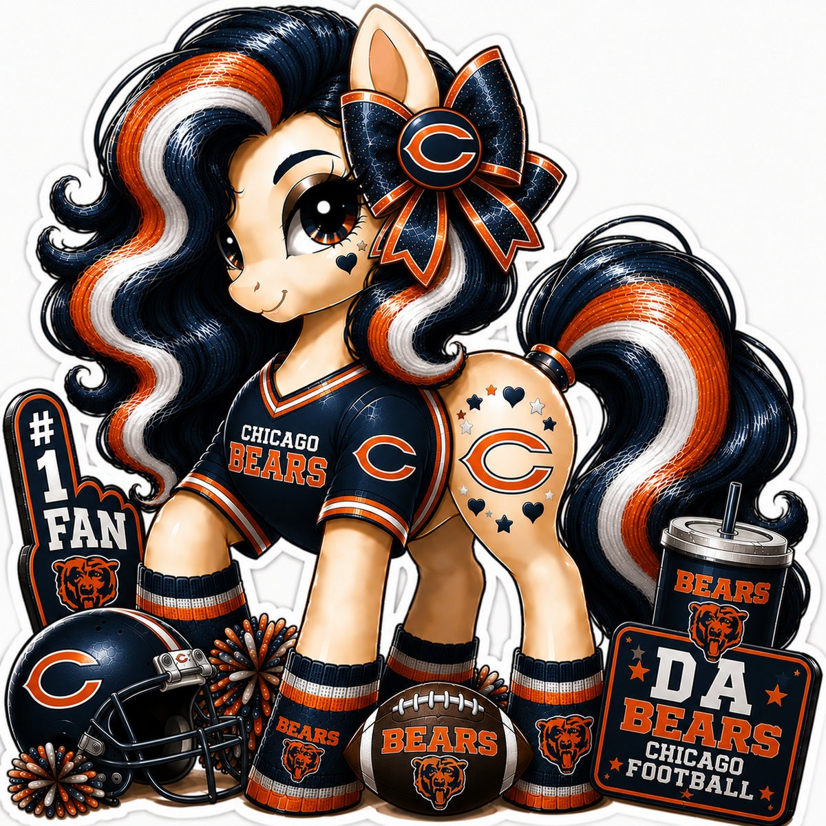 Chicago Bears fan pony sticker in navy, orange and white with football helmet, bow and team fan gear