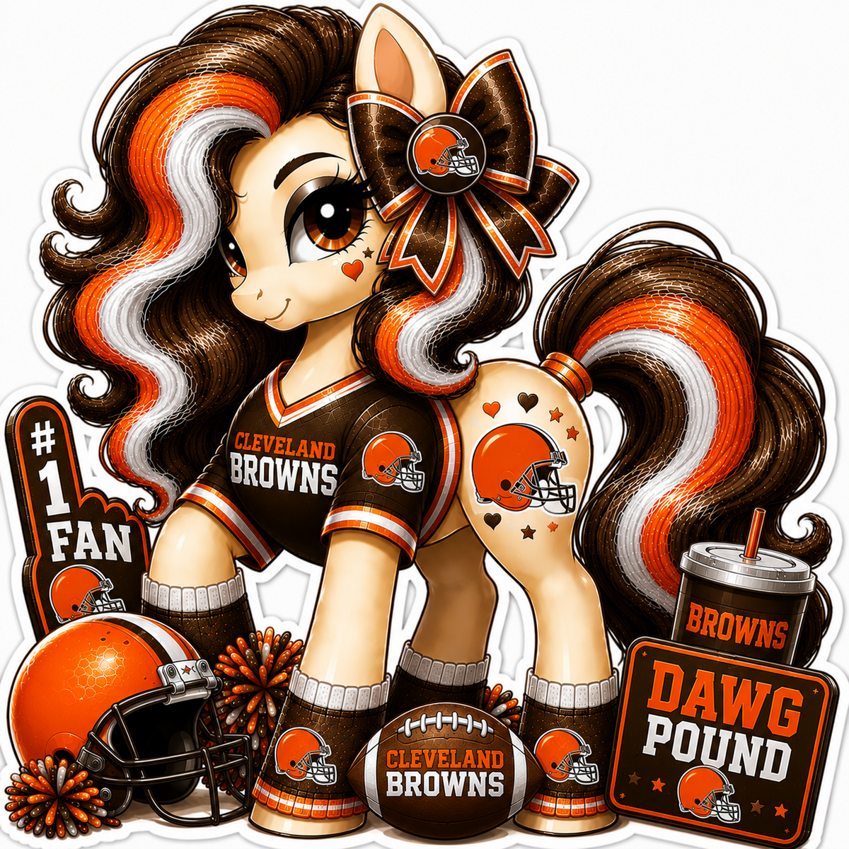 Cleveland Browns fan pony sticker in brown, orange and white with football helmet, bow and team fan gear
