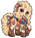 Blonde country pony sticker in colorful patchwork clothing with floral cowboy boots, guitar and bright bow