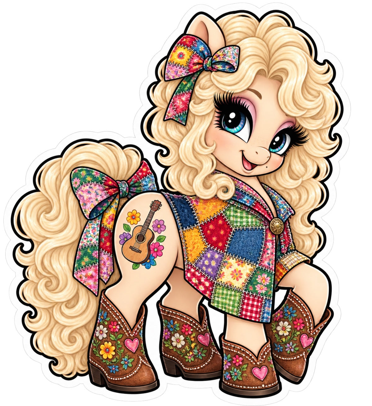 Blonde country pony sticker in colorful patchwork clothing with floral cowboy boots, guitar and bright bow