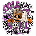 Cold Like My Soul Coffee Club Halloween coffee sticker with ghost, skull iced coffee, pumpkins and purple accents