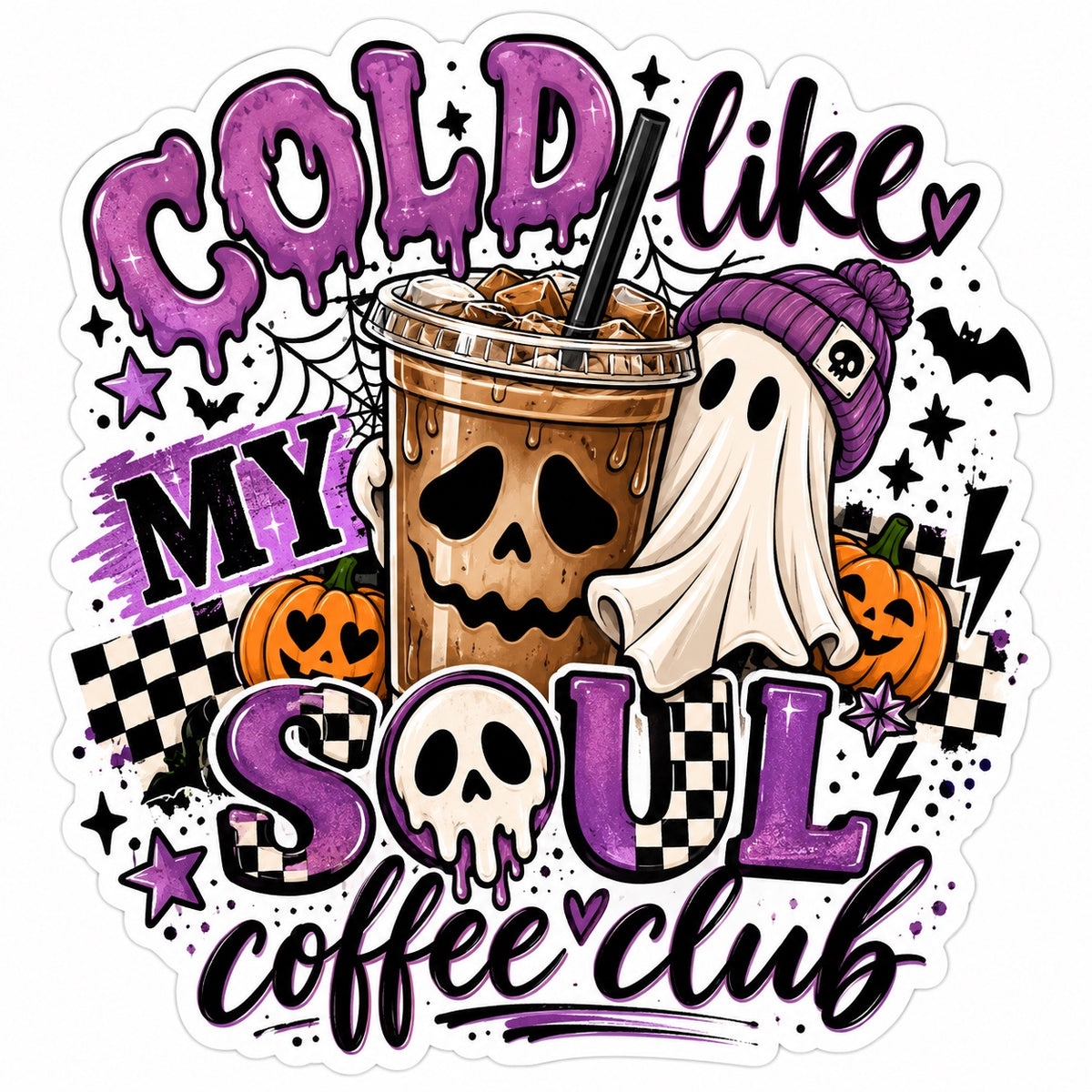 Cold Like My Soul Coffee Club Halloween coffee sticker with ghost, skull iced coffee, pumpkins and purple accents
