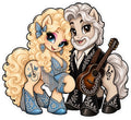 Country music duet pony sticker with blonde singer pony, silver-haired singer pony, rhinestone outfits and acoustic guitar