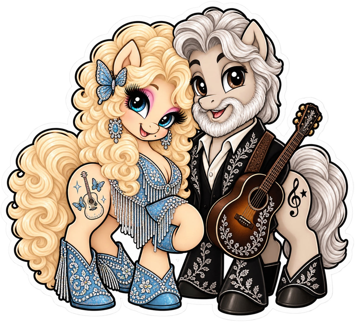 Country music duet pony sticker with blonde singer pony, silver-haired singer pony, rhinestone outfits and acoustic guitar