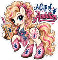 Blonde country pony sticker with pink cowboy boots, iced coffee and A Cup of Ambition lettering