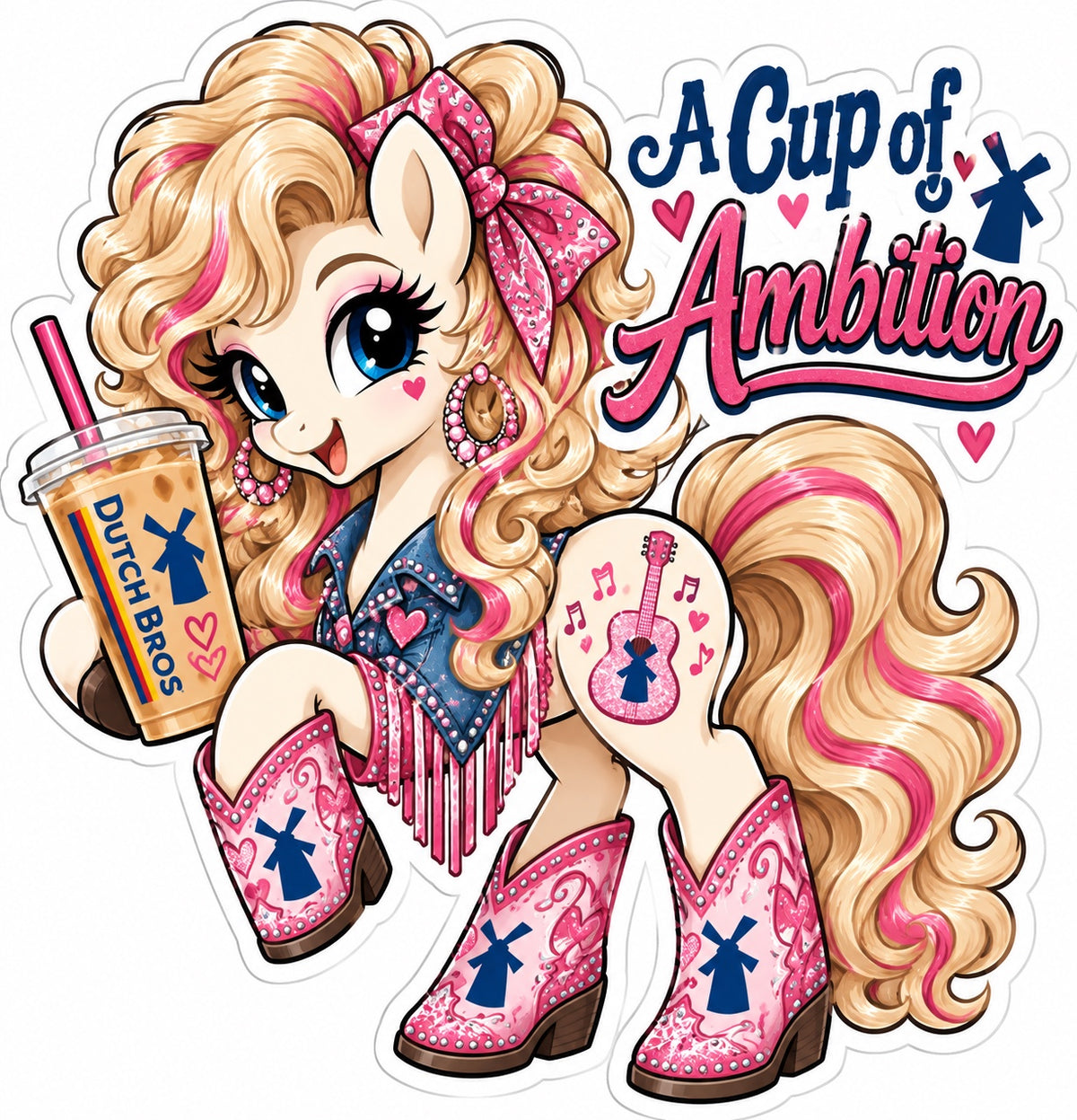 Blonde country pony sticker with pink cowboy boots, iced coffee and A Cup of Ambition lettering