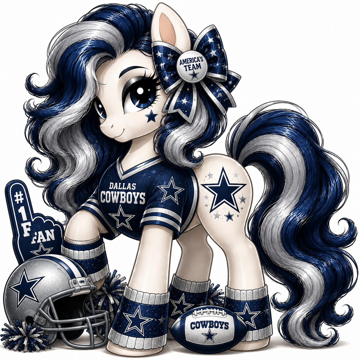 Dallas Cowboys fan pony sticker in navy, silver and white with football helmet, stars and game-day accessories