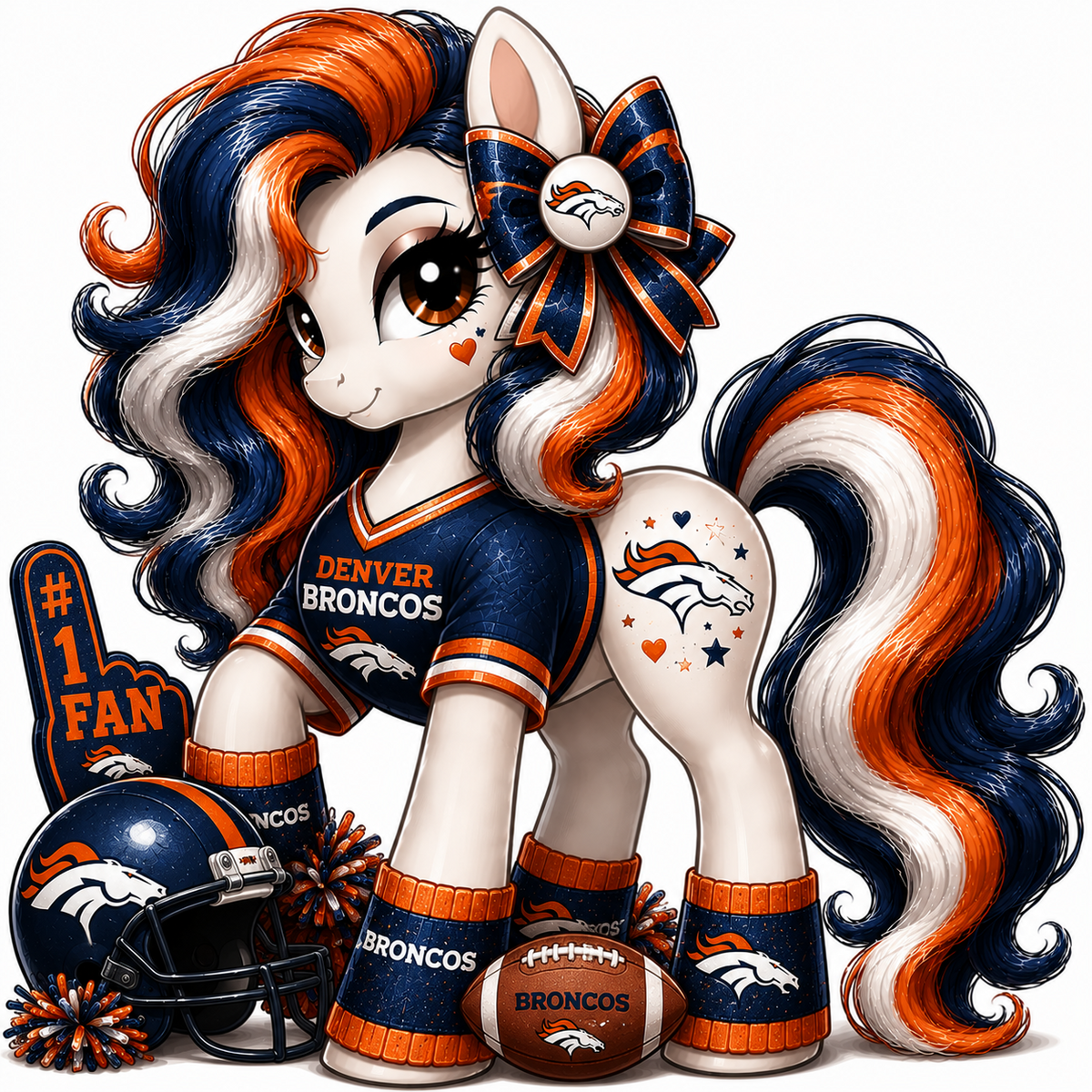 Denver Broncos fan pony sticker in navy, orange and white with football helmet and game-day details
