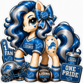 Detroit Lions fan pony sticker in blue, silver and white with football helmet and game-day details