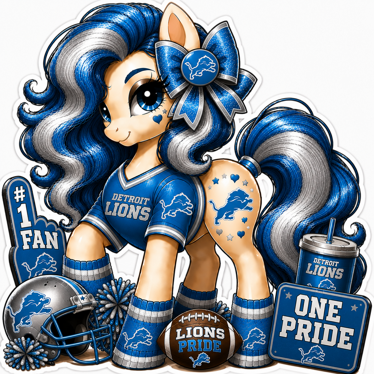 Detroit Lions fan pony sticker in blue, silver and white with football helmet and game-day details