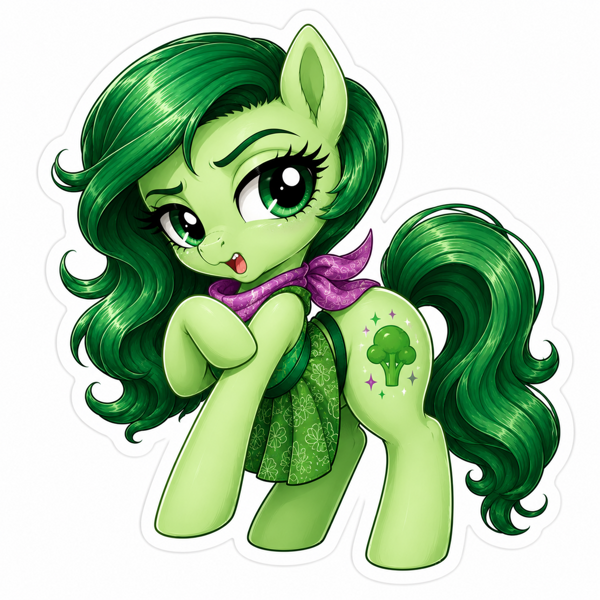 Disgust inspired green pony sticker with dark green mane, purple scarf, green dress and broccoli symbol