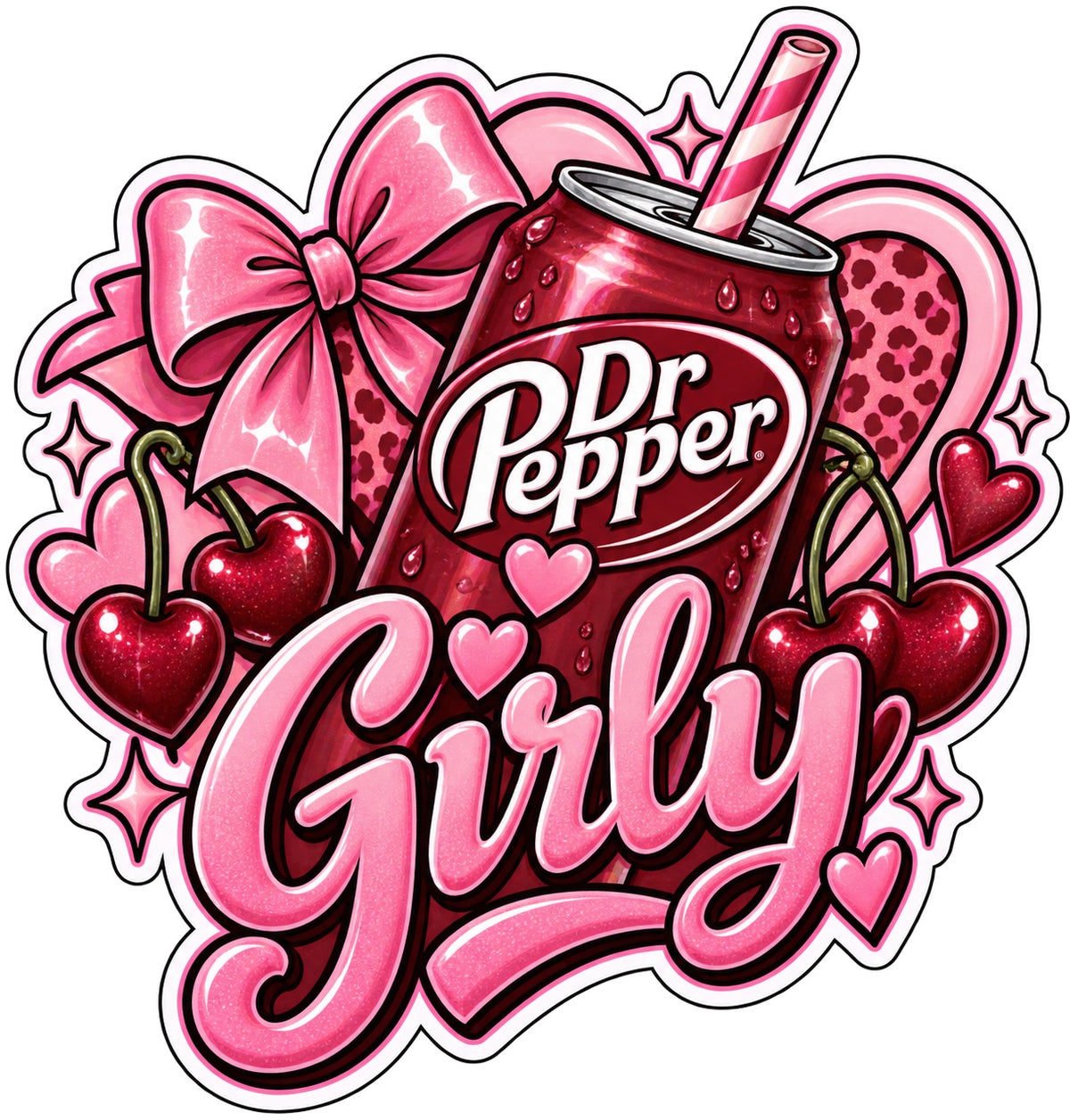 Pink Dr Pepper can with bow, cherries, hearts and large Girly text
