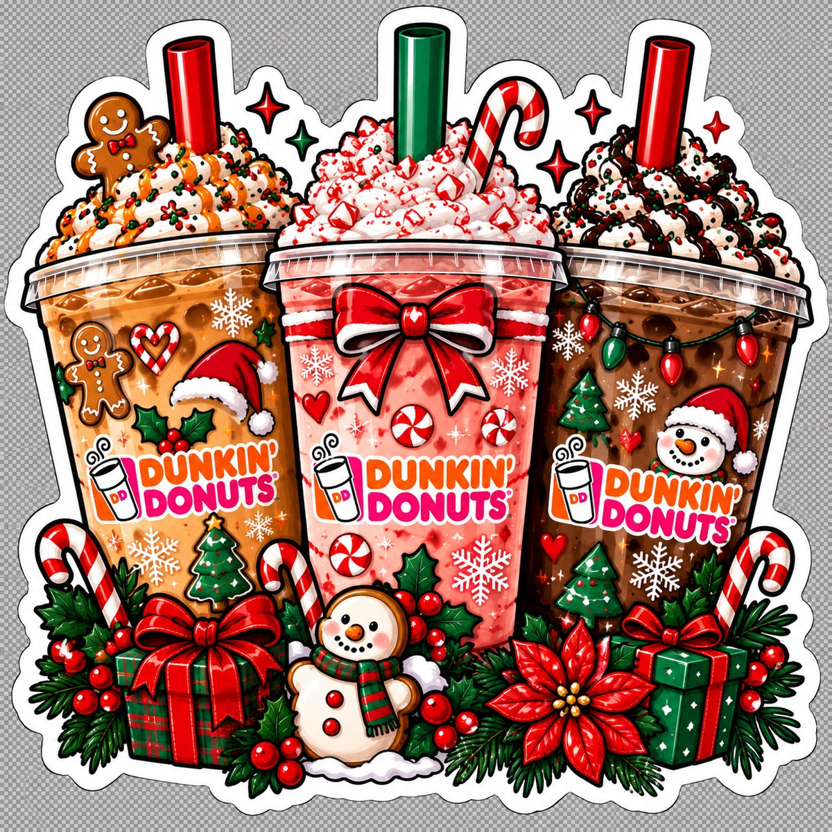 Christmas Dunkin-inspired iced coffee trio sticker with gingerbread candy canes snowman poinsettia gifts and holiday greenery
