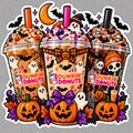 Halloween Dunkin-inspired iced coffee trio sticker with ghosts bats pumpkins skeletons spiderwebs and orange purple black details