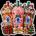 Christmas Dutch Bros-inspired iced coffee trio sticker with peppermint candy canes gingerbread snowman Christmas tree gifts and holiday cheer sign