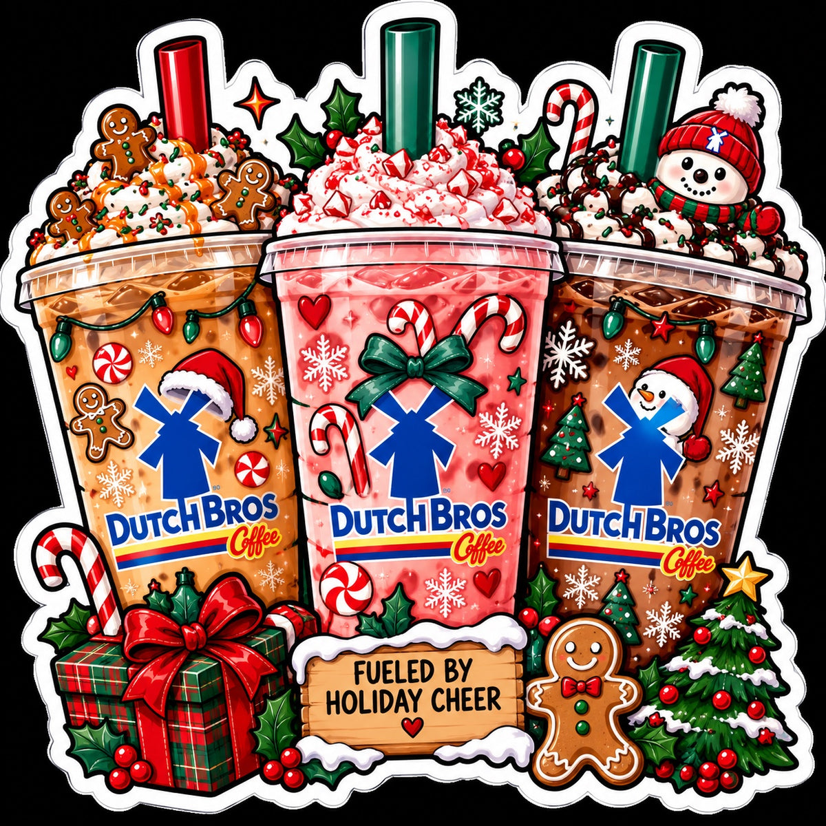 Christmas Dutch Bros-inspired iced coffee trio sticker with peppermint candy canes gingerbread snowman Christmas tree gifts and holiday cheer sign
